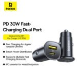 Baseus GoTrip BS-C15C1 DP1 Mini Car Charger 1x USB + 1x Type-C 30W Fast Charging - Black - Image 6
