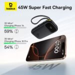 Baseus QPow 3 PPQD3-1040 Power Bank USB + Type-C 45W Fast Charging 10000mAh Built-in 2 Cables - Black - Image 7