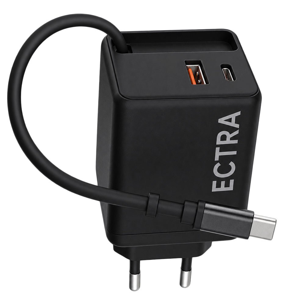 Ectra C1003 GaN Wall Charger PD Type-C + USB + Built-In Type-C Cable 65W Fast Charging - Black - Image 1