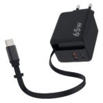 Ectra C1003 GaN Wall Charger PD Type-C + USB + Built-In Type-C Cable 65W Fast Charging - Black - Image 3