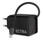 Ectra C1003 GaN Wall Charger PD Type-C + USB + Built-In Type-C Cable 65W Fast Charging - Black - Image 2