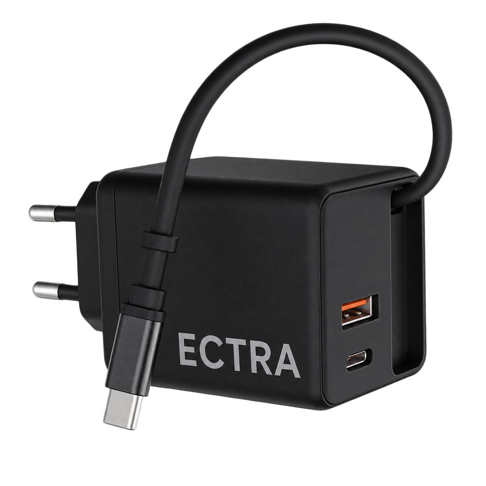 Ectra C1003 GaN Wall Charger PD Type-C + USB + Built-In Type-C Cable 65W Fast Charging - Black - Image 2