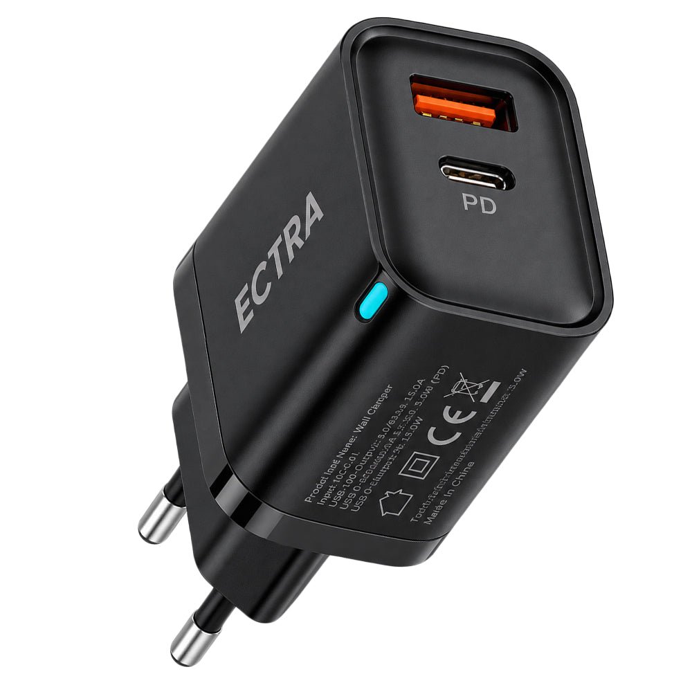 Ectra ECH-C22521B Wall Charger PD Type-C + USB + Type-C Cable 22.5W Fast Charging - Black - Image 2