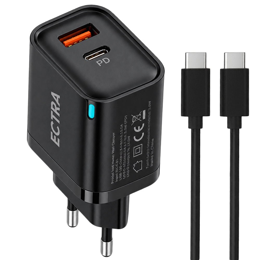 Ectra ECH-C22521B Wall Charger PD Type-C + USB + Type-C Cable 22.5W Fast Charging - Black - Image 1