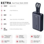 Ectra EPB-C205B Power Bank USB + PD Type-C 22.5W Fast Charging 20000mAh Built-in 2 Cables - Black - Image 2