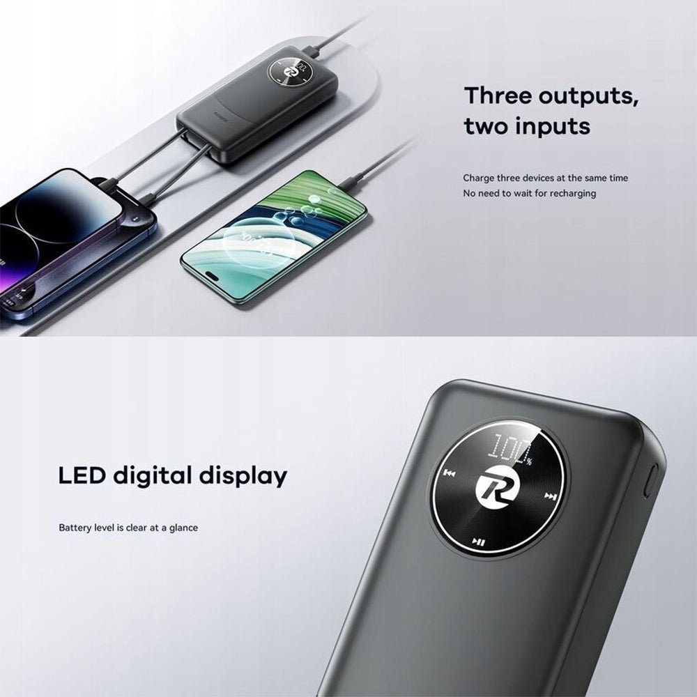 Remax RPP-38 Power Bank 1x USB + 1x Type-C 20W+22.5W Fast Charging 20000mAh Built-In 2 Cables - Black - Image 7
