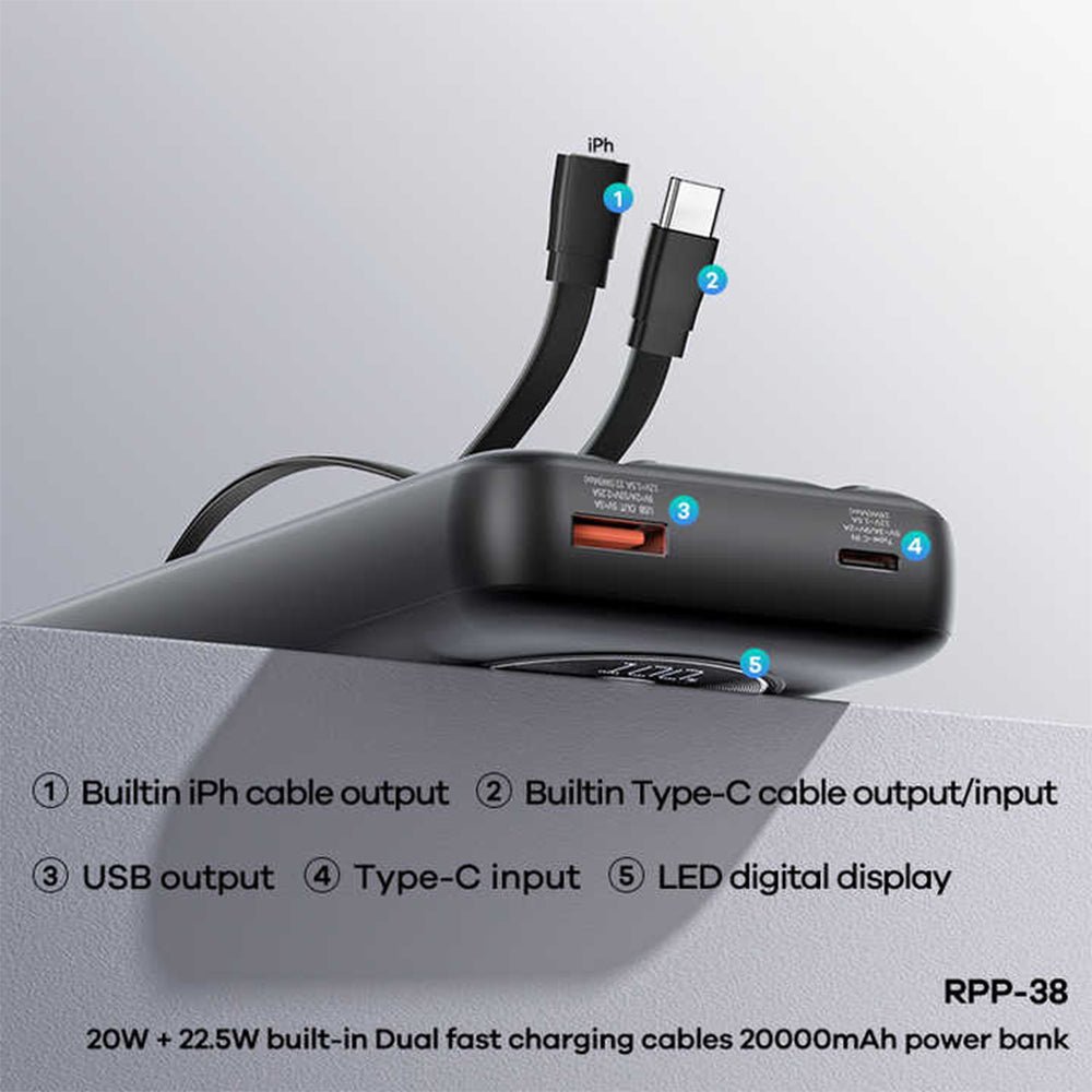 Remax RPP-38 Power Bank 1x USB + 1x Type-C 20W+22.5W Fast Charging 20000mAh Built-In 2 Cables - Black - Image 8